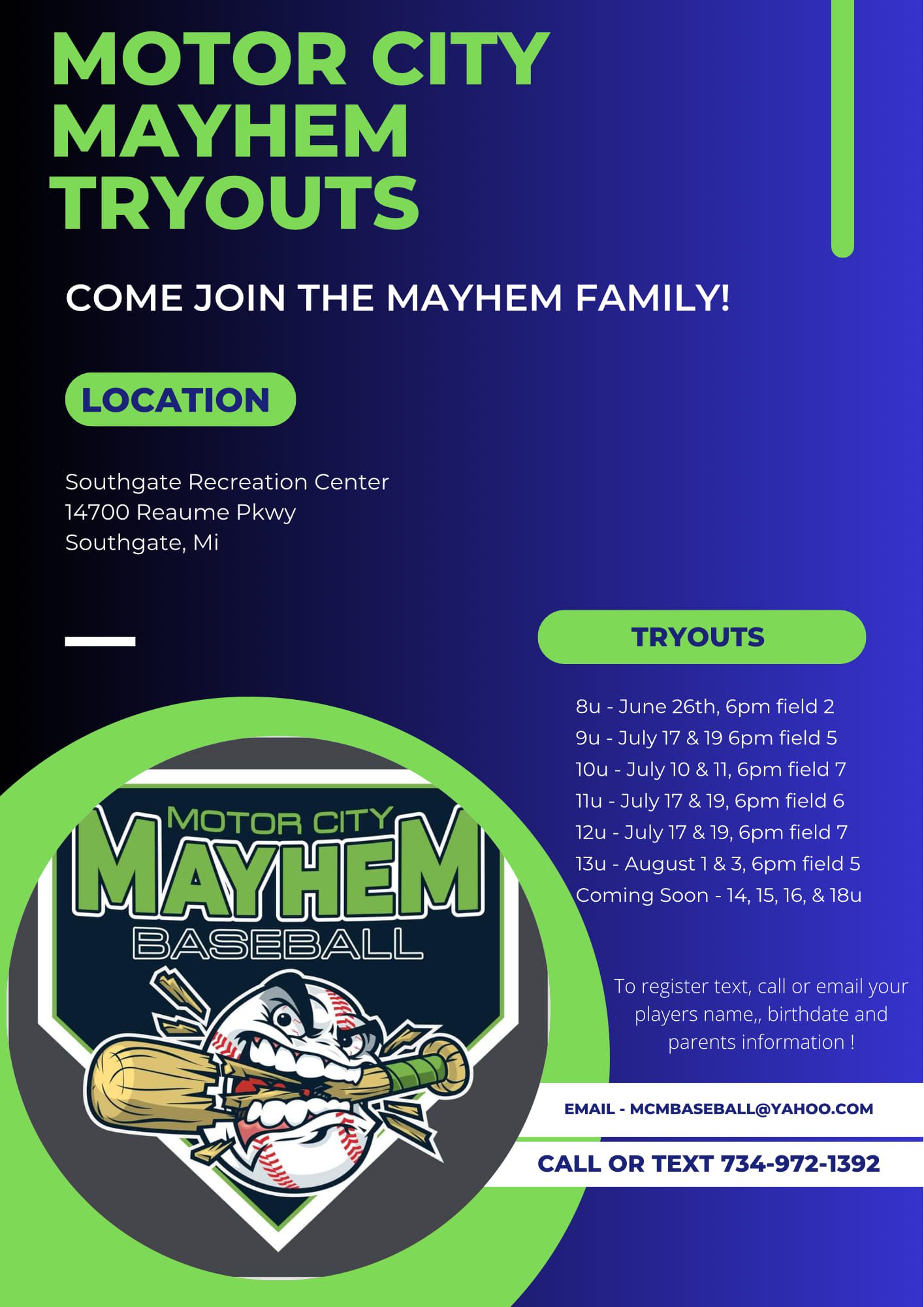 Tryout Flyer - Motor City Mayhem Baseball Monroe Michigan