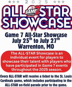Game 7 All-Star Showcase baseball tournaments on July 25 to July 27 in Warrenton, MO