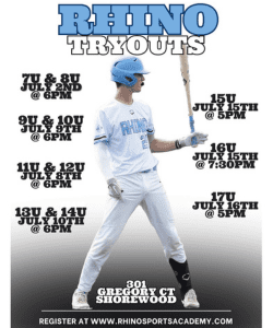 Rhino Baseball Tryouts for the 2026 season. Illinois