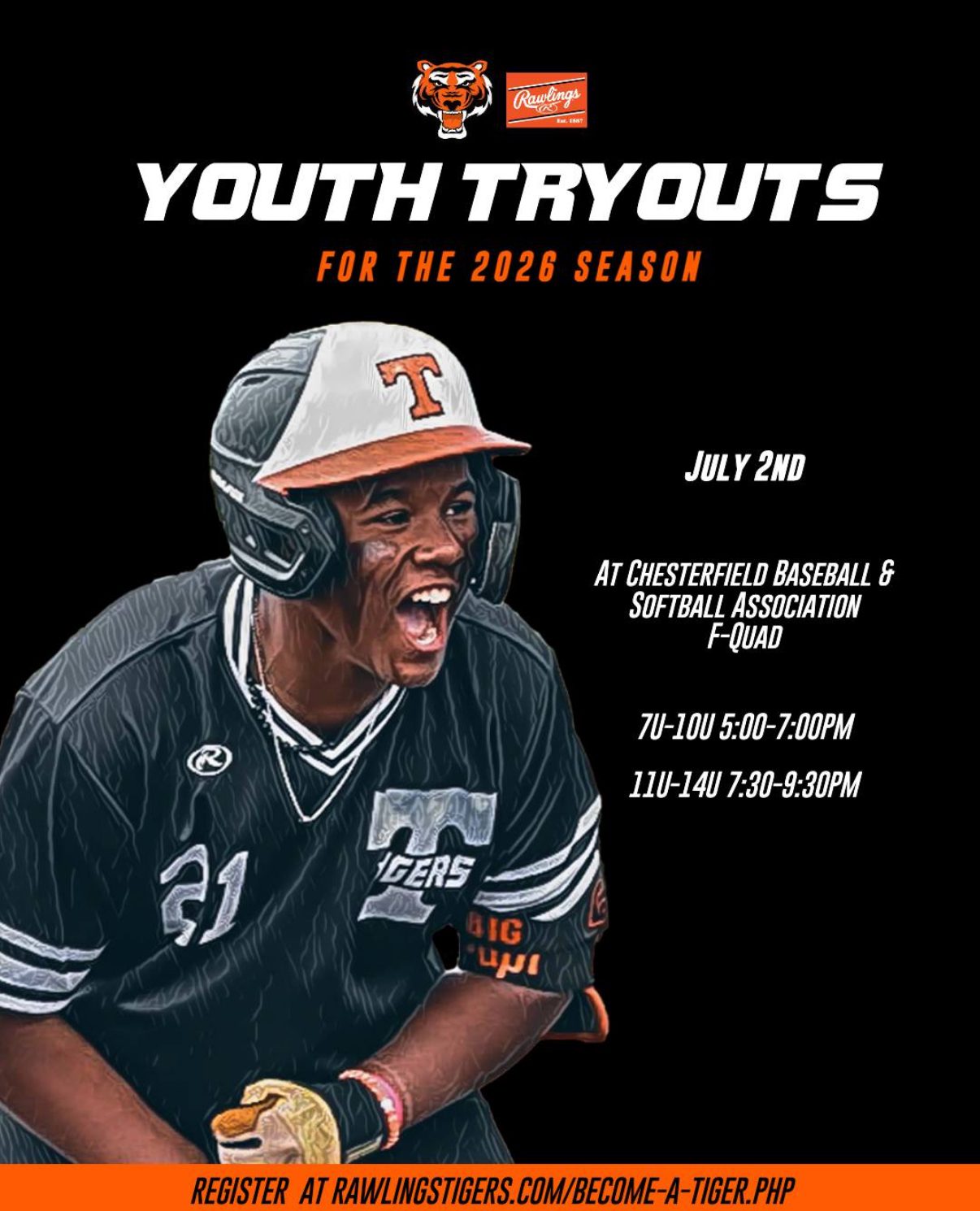 Rawlings Tigers Travel Baseball in ST. Louis MO are holding tryouts for 7U to 17u age players