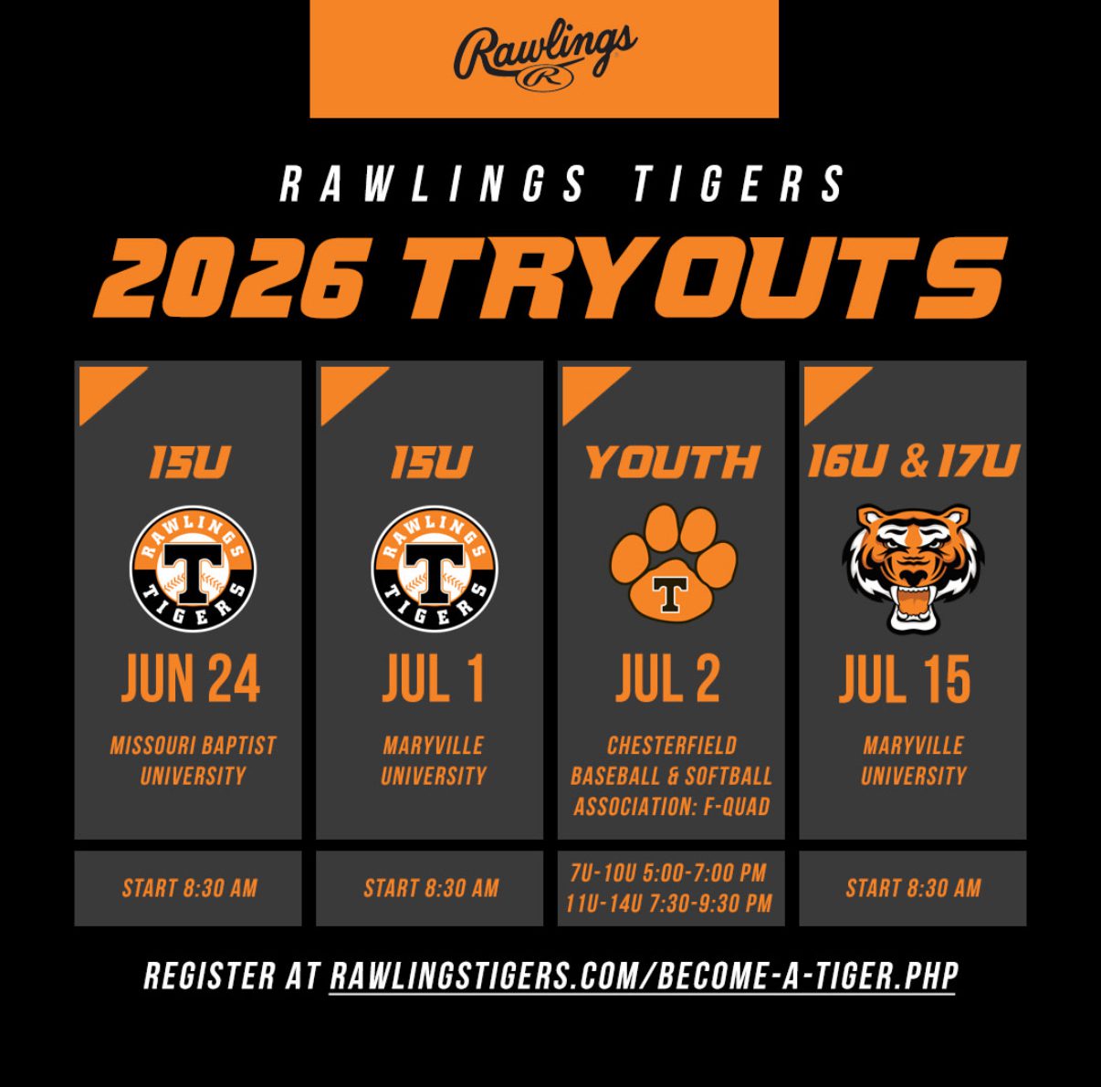 Rawlings Tigers Travel Baseball in ST. Louis MO are holding tryouts for 7U to 17u age players
